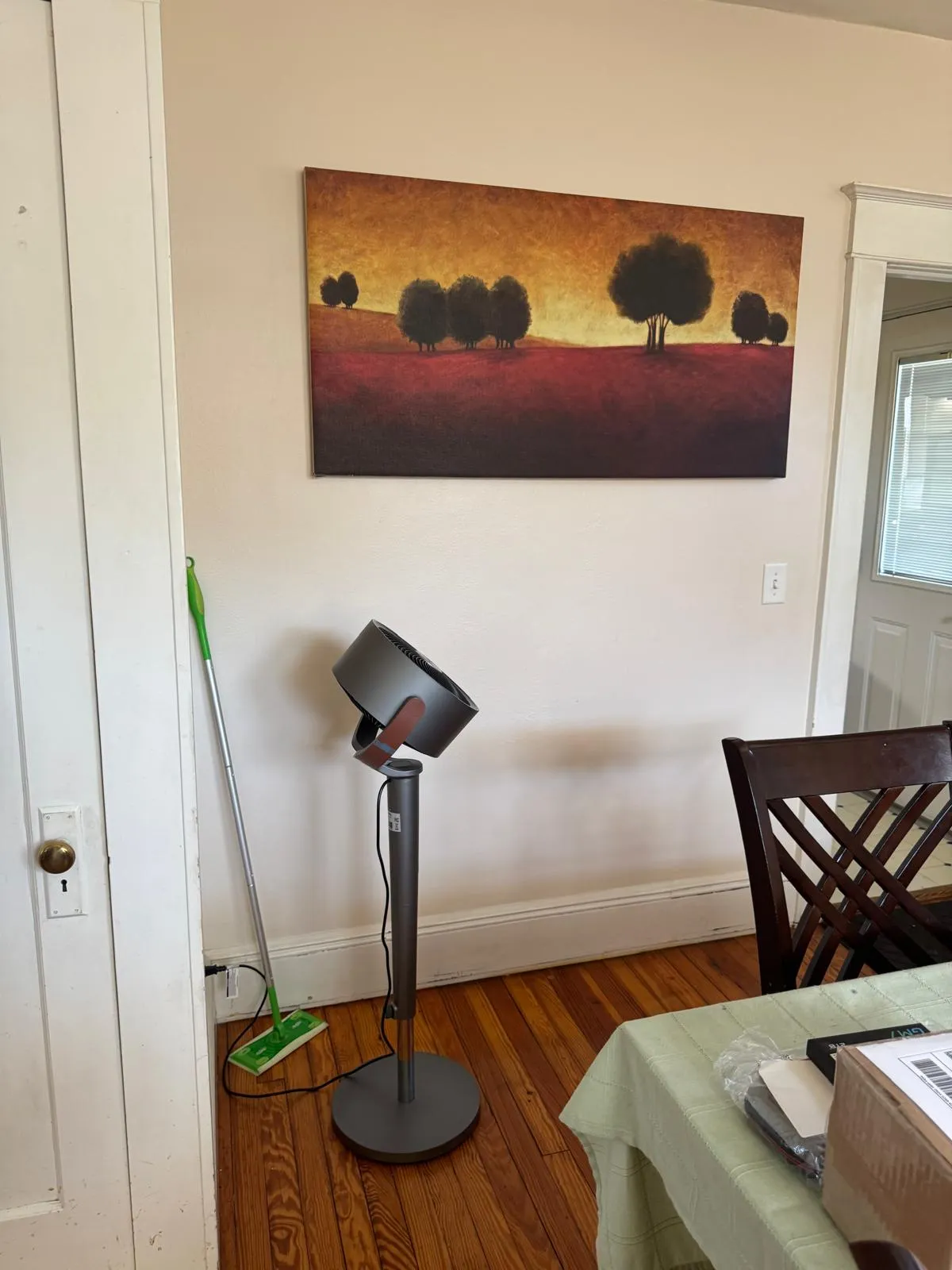 Dining room before restyling: dining tree-canvas wall before; floor fan + Swiffer mop.