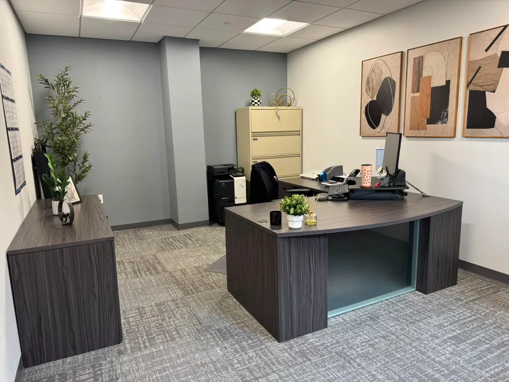 Office after restyling by Kultur & Decor: executive desk with abstract triptych, wide; printer/cabinet styled.