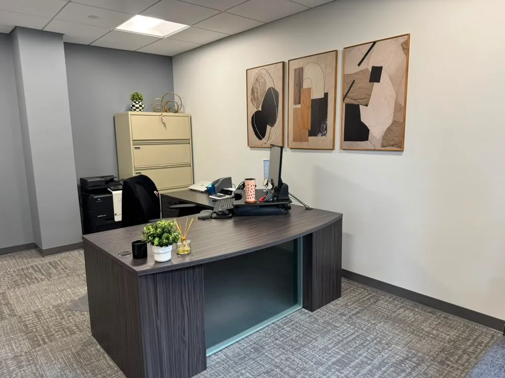 Office after restyling by Kultur & Decor: executive desk with abstract triptych, straight-on.
