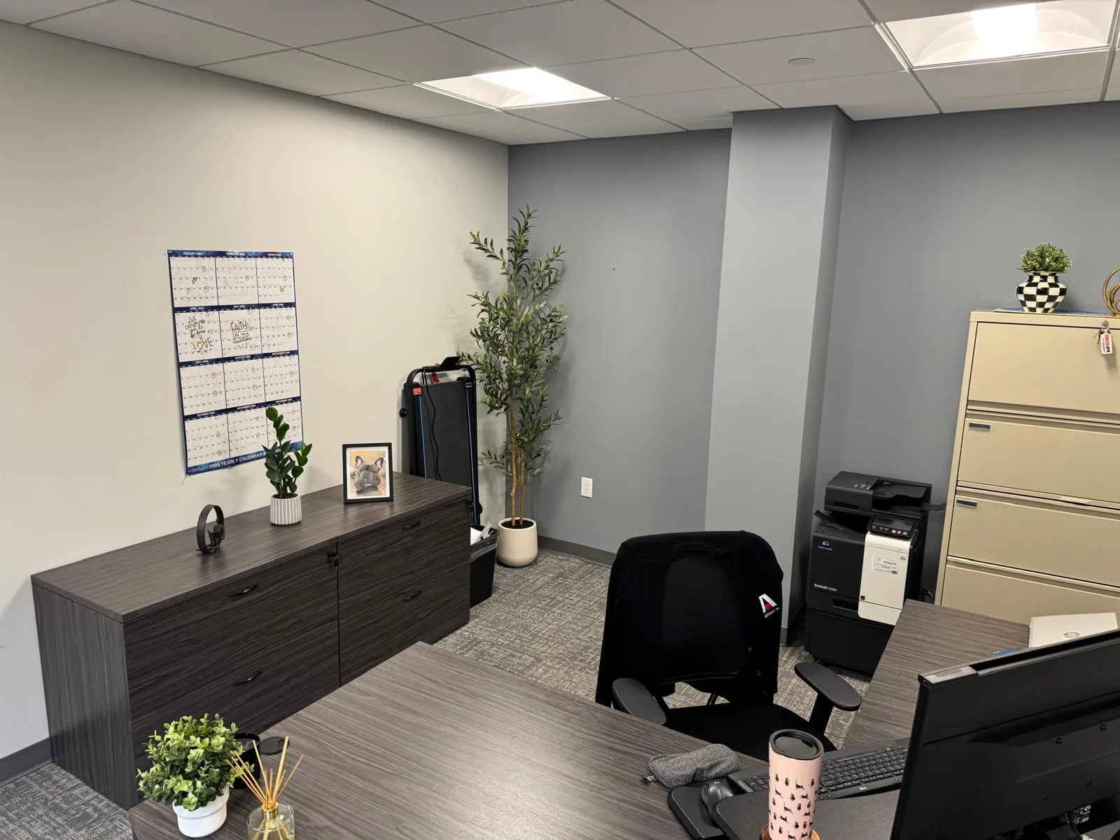 Office after restyling by Kultur & Decor: olive-tree corner with printer + lateral cabinet, landscape.
