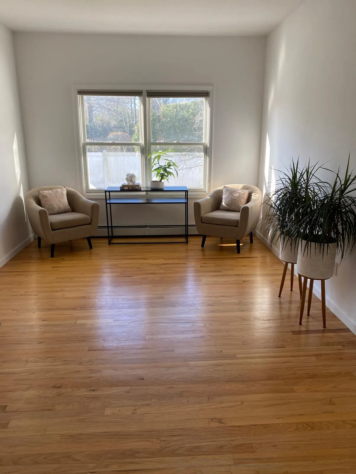 Casual sitting area after restyling by Kultur & Decor: paired armchairs either side of a blue console, sheepskin rug, dracaenas on tapered stands.